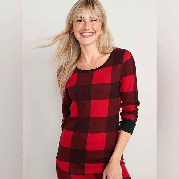 Old Navy Slim-Fit Printed Thermal-Knit Tee for Women NEW Large Red Buffalo Plaid - Picture 1 of 10